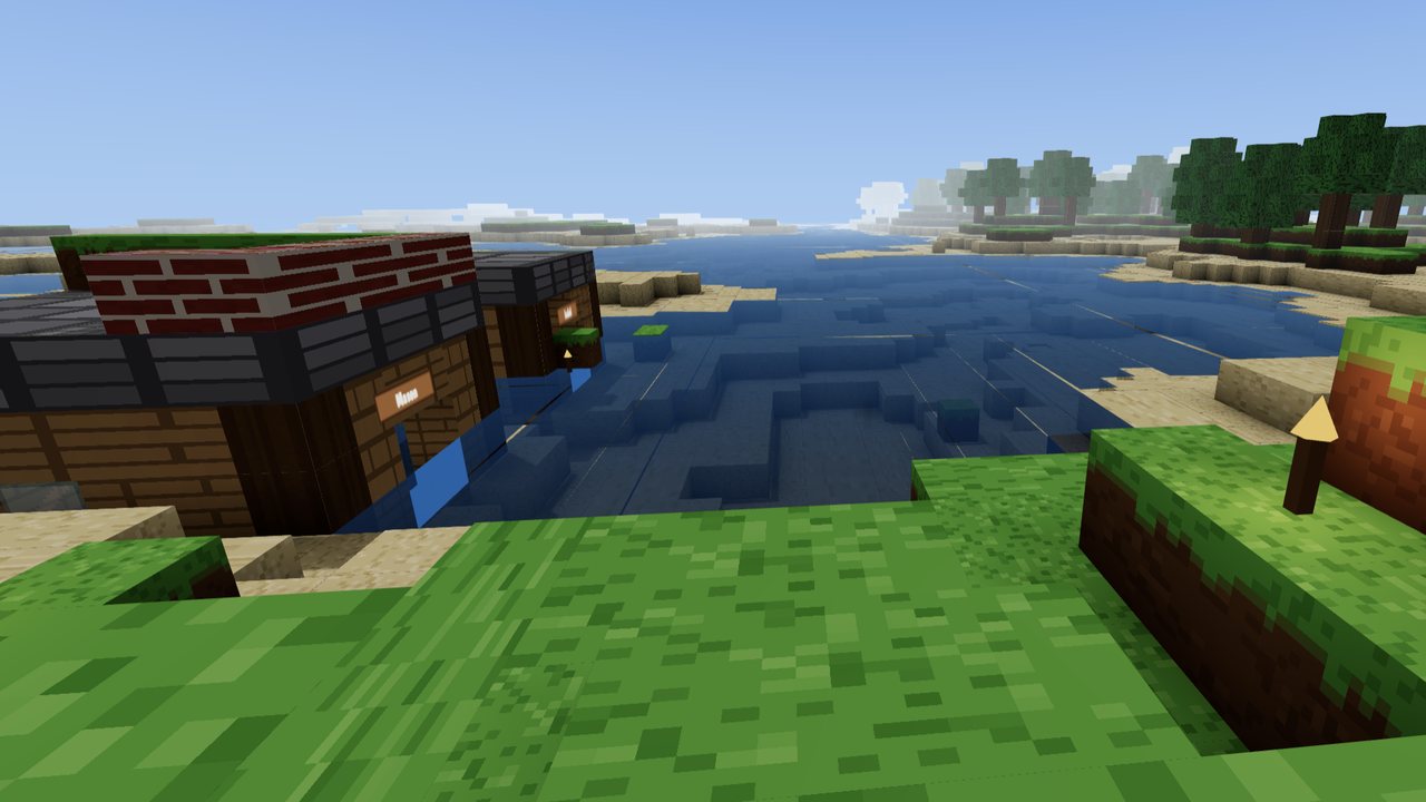 Blockwild gameplay: player-built brick and plank houses beside a lake, with trees and grassy hills