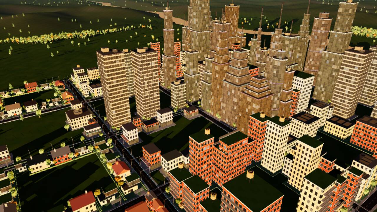 Neon Mayor: a 3D city at sunset with glass skyscrapers, brick apartments and little houses with gardens along the streets