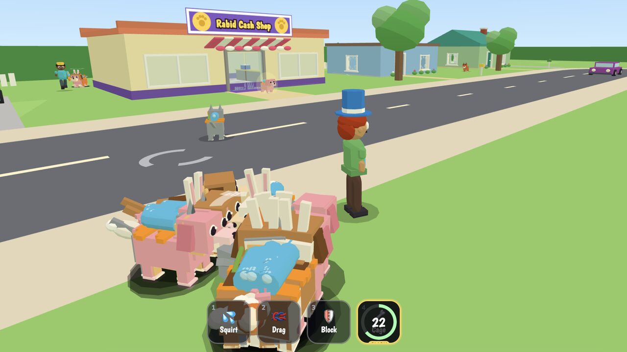 Rabies Pets gameplay: a pack of blocky cartoon pets near a pet owner in a top hat, on a street outside the Rabid Cash Shop